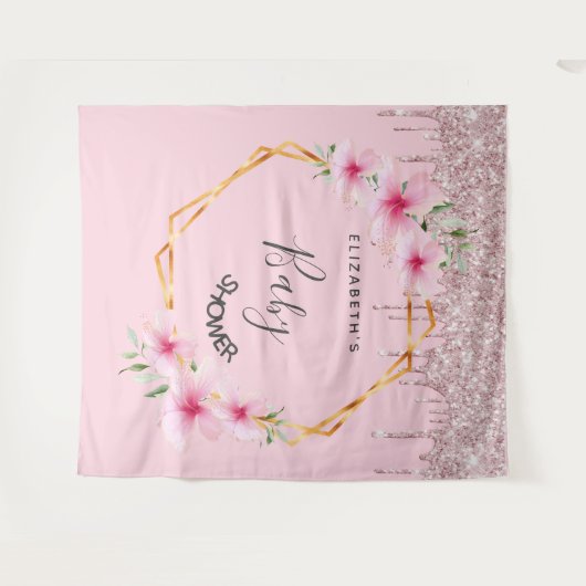 ベビーシャワーピンクグリッター花模様女の子幾何学的 タペストリー (正面(横))