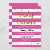 ベビーシャワーピンクストライプ金ゴールドグリッターガール招待状 招待状 (正面/裏面)