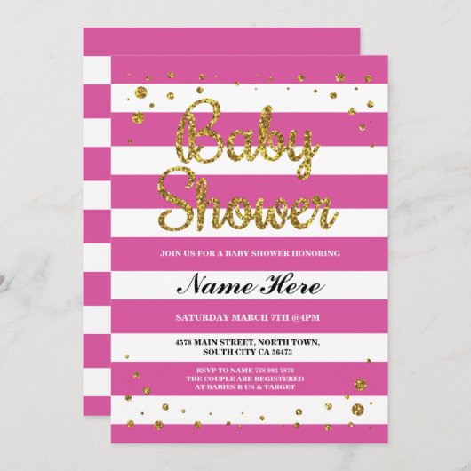 ベビーシャワーピンクストライプ金ゴールドグリッターガール招待状 招待状 (正面/裏面)