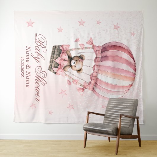 ベビーシャワーピンクテディベア熱気球パーティー タペストリー (インサイチュ(横))