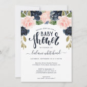 ベビーシャワーピンクネイビーフローラ招待状 招待状 (正面)