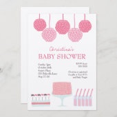 ベビーシャワーピンクパーティーラッフルケーキポムポムス招待状 招待状 (正面/裏面)