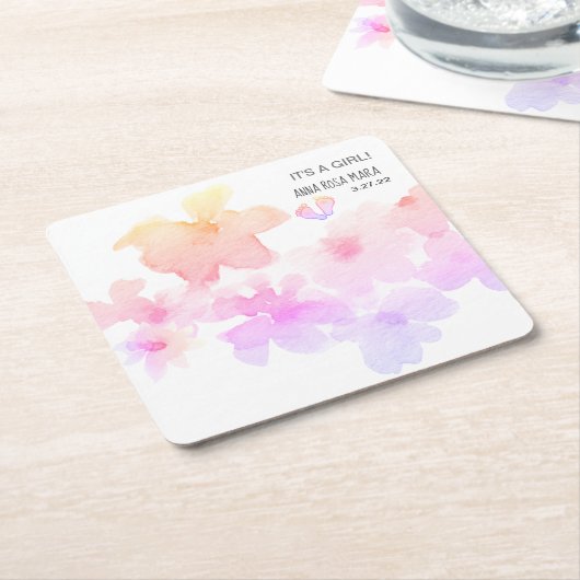 *~*ベビーシャワーピンクピーチフローラ水彩足 スクエアペーパーコースター (アングル)
