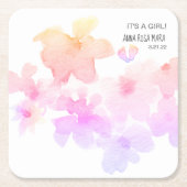 *~*ベビーシャワーピンクピーチフローラ水彩足 スクエアペーパーコースター (正面)