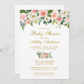 ベビーシャワーピンクフローラホワイト金ゴールド招待状 招待状 (正面/裏面)