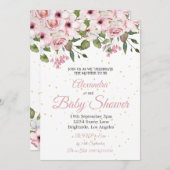 ベビーシャワーピンクフローラ金ゴールドシック 招待状 (正面/裏面)