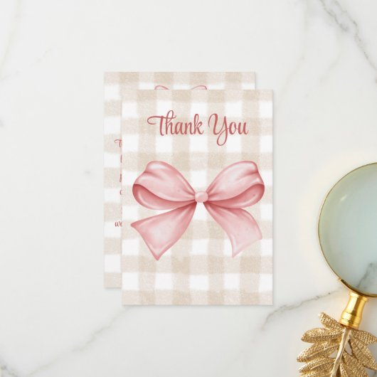 ベビーシャワーピンクボウをテーマにしたカスタム サンキューカード (正面/裏面インサイチュ)