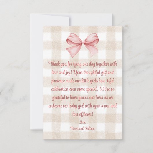ベビーシャワーピンクボウをテーマにしたカスタム サンキューカード (裏面)