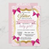 ベビーシャワーピンクレース金ゴールドグリッターボウガール招待状 招待状 (正面/裏面)
