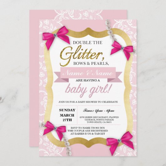 ベビーシャワーピンクレース金ゴールドグリッターボウガール招待状 招待状 (正面/裏面)