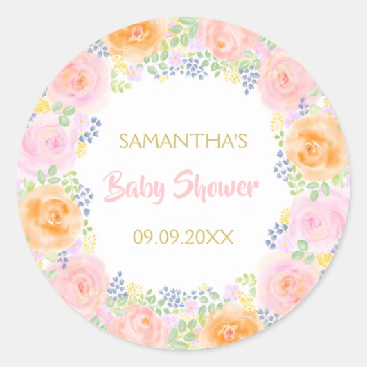 ベビーシャワーピンクローズウォーターカラーフローラ ガーリー ラウンドシール (正面)