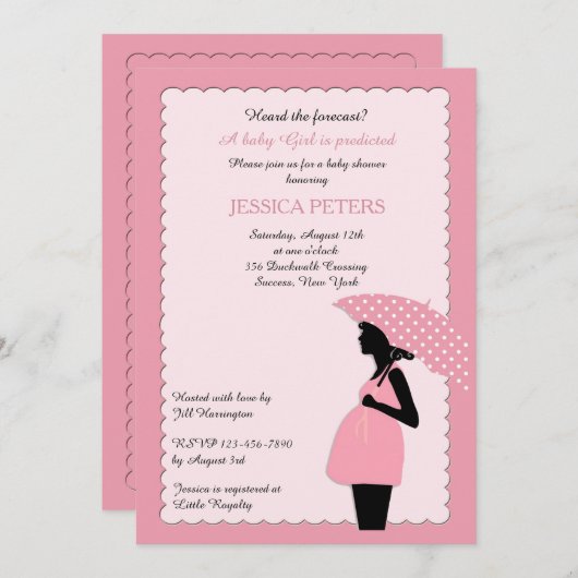 ベビーシャワーピンク水玉模様傘招待状 招待状 (正面/裏面)