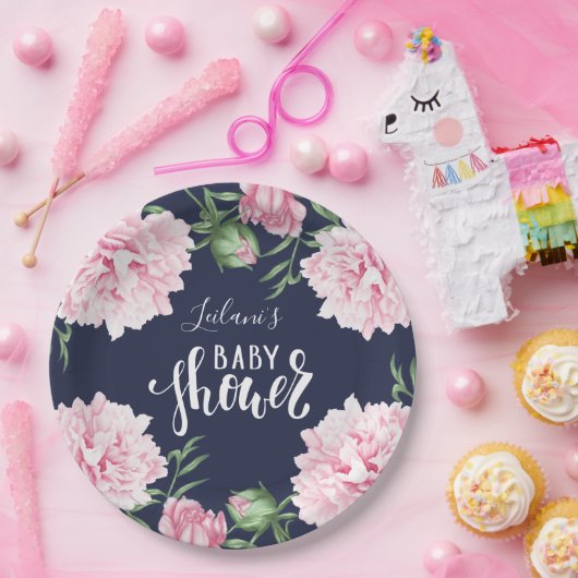 ベビーシャワーピンク牡丹フローラネイビーブルー ペーパープレート (パーティー)