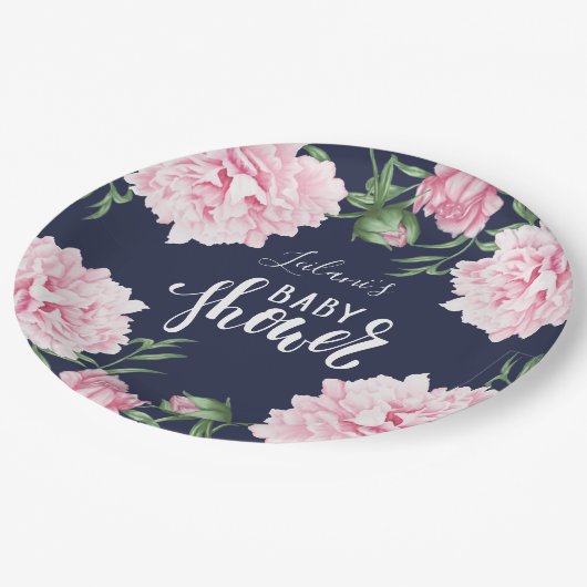 ベビーシャワーピンク牡丹フローラネイビーブルー ペーパープレート (アングル)