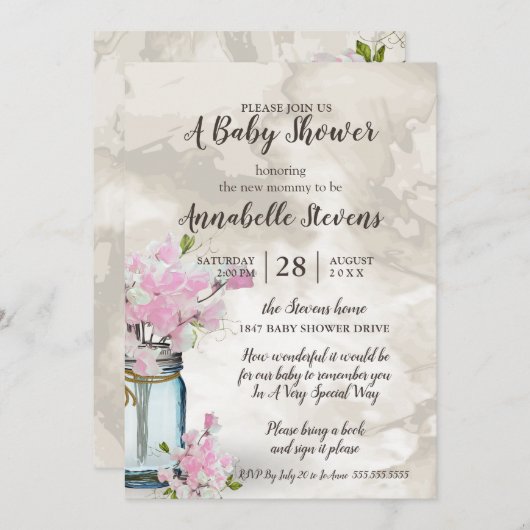 ベビーシャワーピンク甘いエンドウ豆ヴィンテージメイソンジャー 招待状 (正面/裏面)