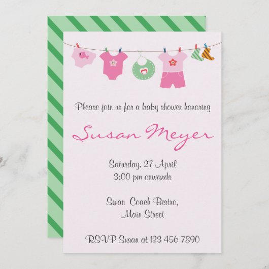 ベビーシャワーピンク用ベビー服ライン招待状 招待状 (正面/裏面)
