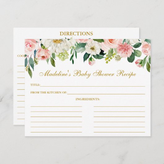 ベビーシャワーピンク白フローラレシピカード金ゴールド アドバイスカード (正面/裏面)