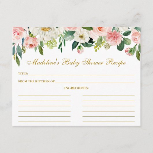 ベビーシャワーピンク白フローラレシピカード金ゴールド アドバイスカード (正面)