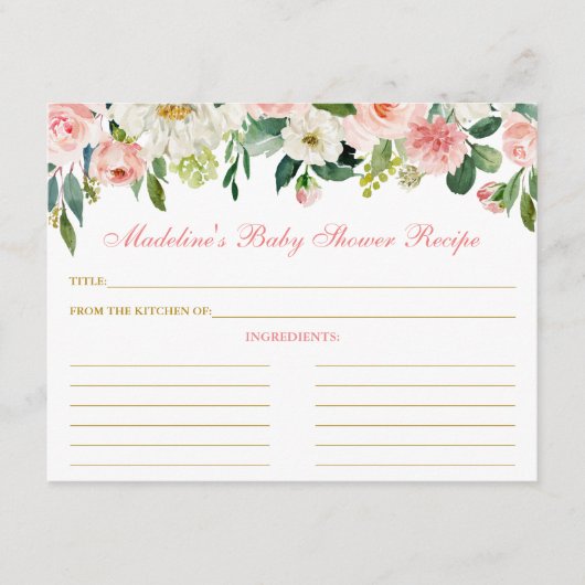 ベビーシャワーピンク白フローラ金ゴールドレシピカード アドバイスカード (正面)