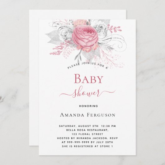 ベビーシャワーピンク花模様エレガント銀白色ガール 招待状 (正面/裏面)