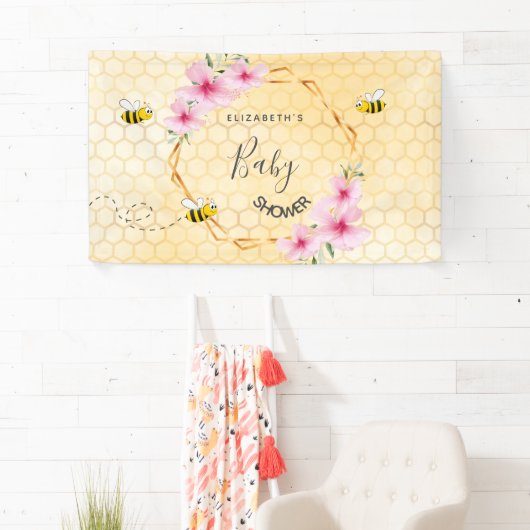ベビーシャワーピンク花模様ハニカムママへ 横断幕 (インサイチュ)
