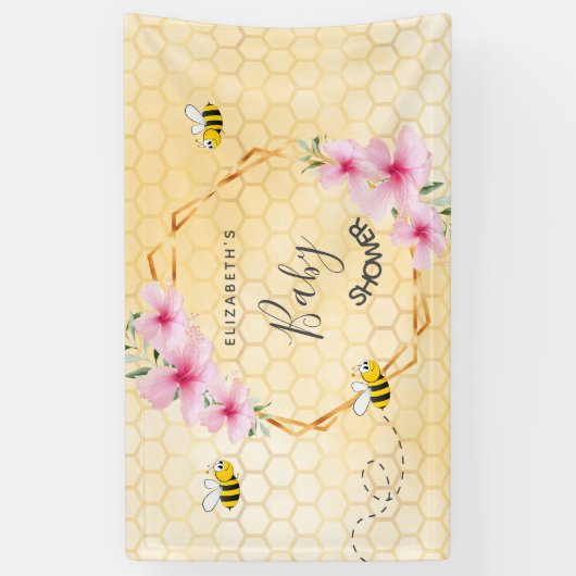 ベビーシャワーピンク花模様ハニカムママへ 横断幕 (縦)