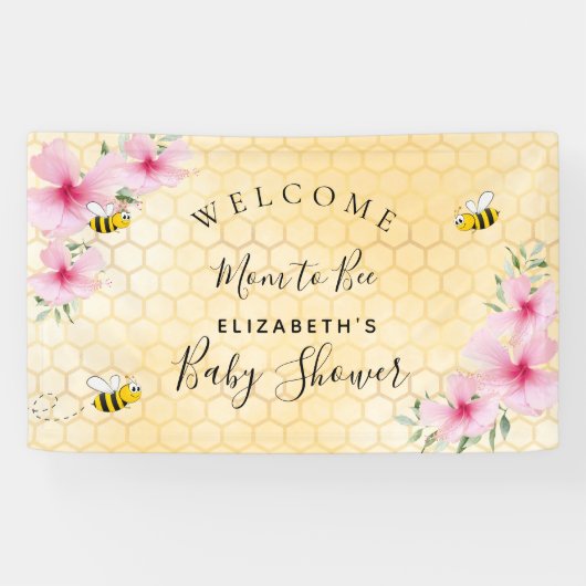 ベビーシャワーピンク花模様ハニカムママへ 横断幕 (横)