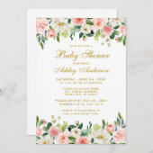 ベビーシャワーピンク赤面フローラホワイト金ゴールド招待状G 招待状 (正面/裏面)