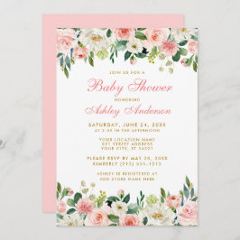 ベビーシャワーピンク赤面フローラホワイト金ゴールド招待状P 招待状