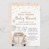 ベビーシャワーピンク金ゴールド桃の車を通ってドライブ 招待状 (正面/裏面)