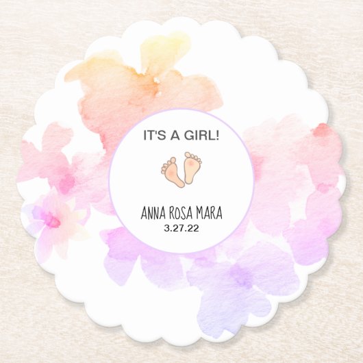 *~*ベビーシャワーピーチピンクフローラソフトウォーター色 ペーパーコースター (正面)