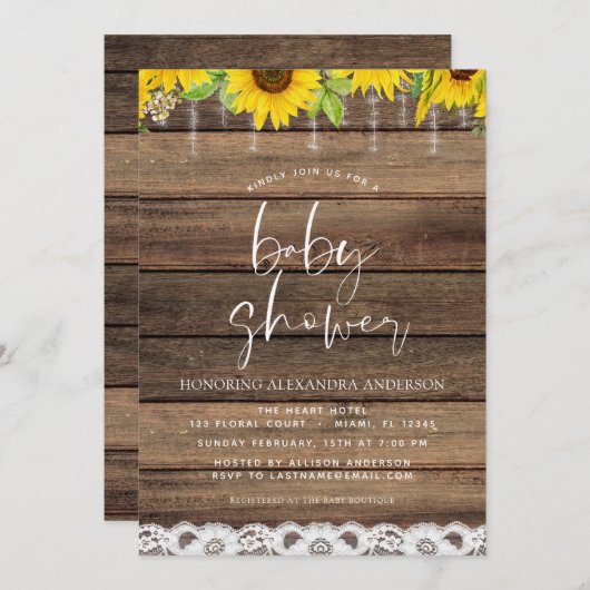 ベビーシャワーファームハウス素朴サンフラワー 招待状 (正面/裏面)