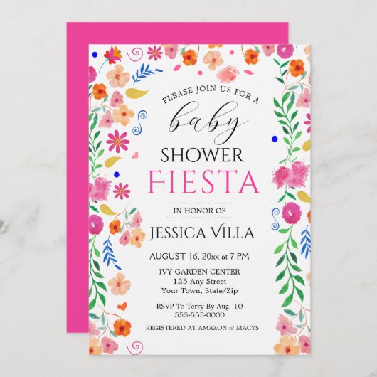 ベビーシャワーフェスタフローラピンクパーティの招待状 招待状 (正面/裏面)