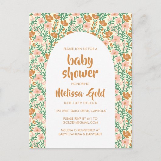 ベビーシャワーフローラアーチピンク花模様カスタム インビテーションポストカード (正面)