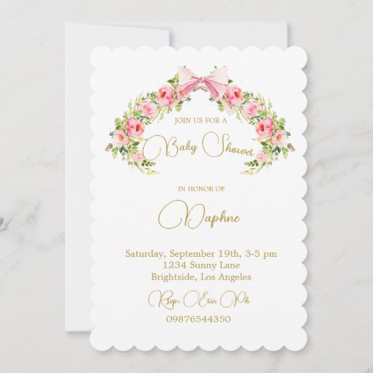 ベビーシャワーフローラクレジェンシーボウピンク 招待状 (正面)