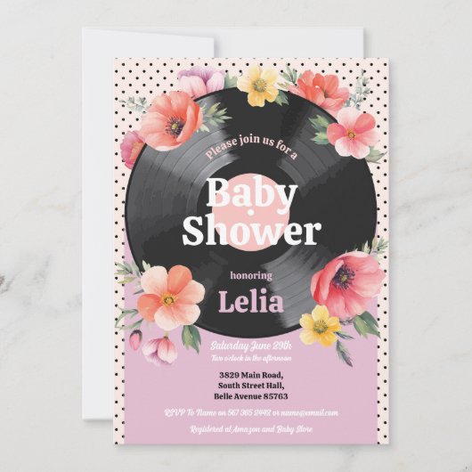 ベビーシャワーフローラサマーレコード音楽パーティー 招待状 (正面)