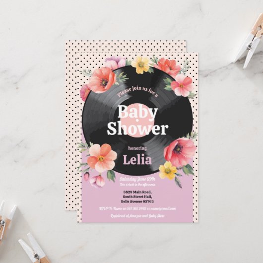 ベビーシャワーフローラサマーレコード音楽パーティー 招待状 (正面/裏面インサイチュ)
