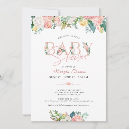 ベビーシャワーフローラバラ金ゴールドピンク赤面タイポグラフィ 招待状 (正面)