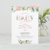 ベビーシャワーフローラバラ金ゴールドピンク赤面タイポグラフィ 招待状 (スタンド正面)