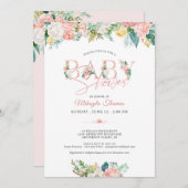 ベビーシャワーフローラバラ金ゴールドピンク赤面タイポグラフィ 招待状 (正面/裏面)