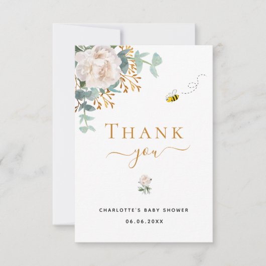 ベビーシャワーフローラユーカリ緑エレガント蜂 サンキューカード (正面)