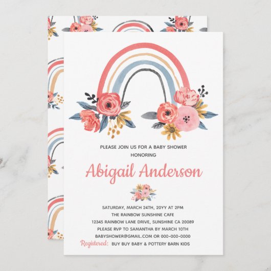 ベビーシャワーフローラレインボースタイリッシュウォーター色 招待状 (正面/裏面)