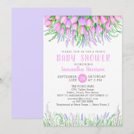 ベビーシャワーフローラ春ラベンダーチューリップピクニック 招待状