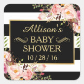ベビーシャワーフローラ白黒ストライプの金ゴールド枠 スクエアシール (正面)