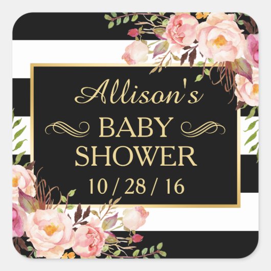 ベビーシャワーフローラ白黒ストライプの金ゴールド枠 スクエアシール (正面)