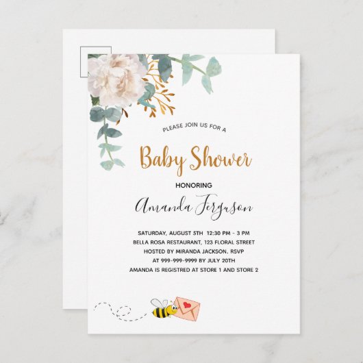 ベビーシャワーフローラ緑の白かわいいママbee ポストカード (正面/裏面)