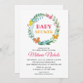 ベビーシャワーフローラ緑リースバタフライビー 招待状 (正面/裏面)