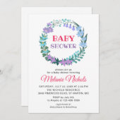 ベビーシャワーフローラ緑リースブルーベル薄紫 招待状 (正面/裏面)