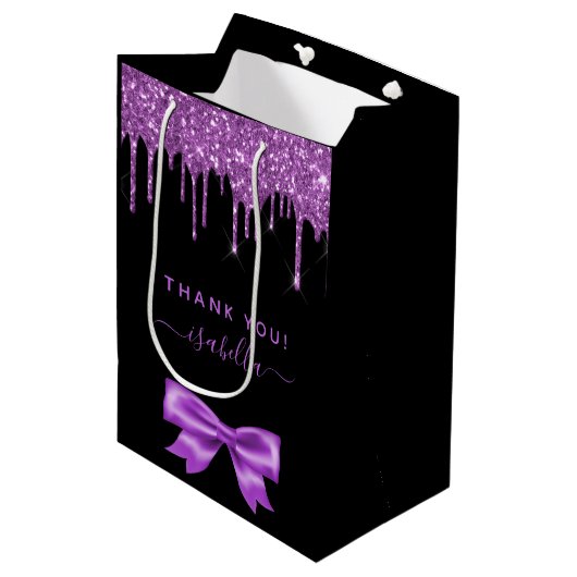 ベビーシャワーブラックパープル感謝していグリッターお気に入り ミディアムペーパーバッグ (正面アングル)