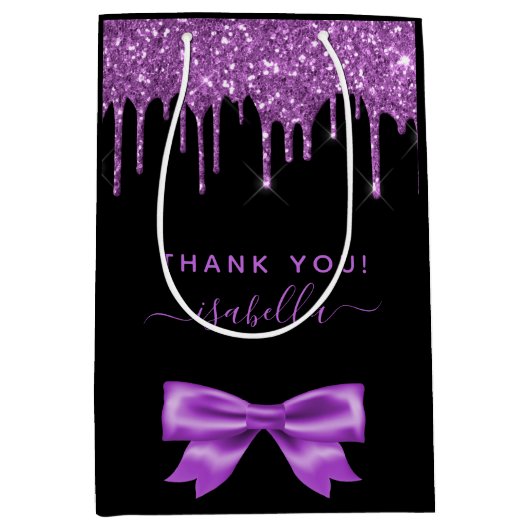 ベビーシャワーブラックパープル感謝していグリッターお気に入り ミディアムペーパーバッグ (正面)